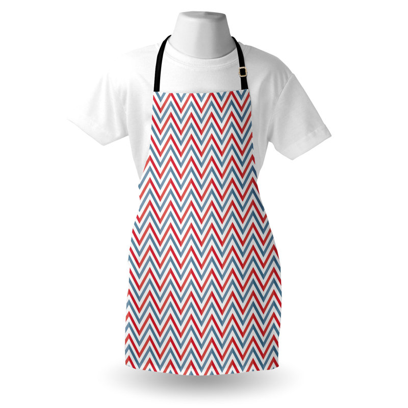 East Urban Home Retro Apron Unisex, Pastel Zig Zag Pattern, Adult Size, Pale Blue Red and White