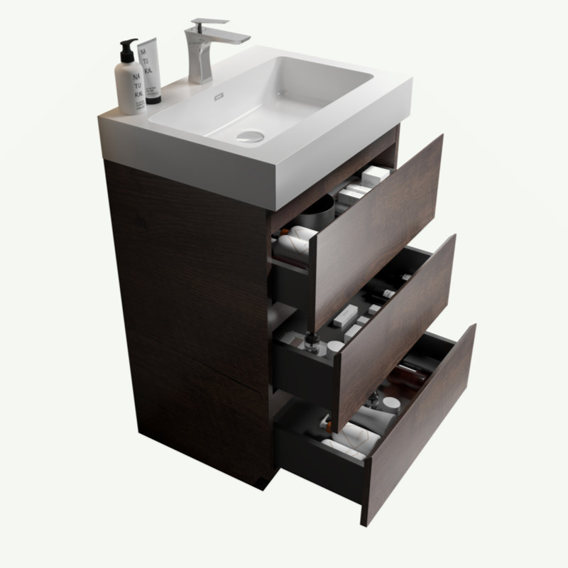 Meuble-lavabo autoportant de 24 po avec évier, grand meuble-lavabo autoportant pour salle de bain moderne, lavabo une pièce sans drain ni robinet, pré-assemblé