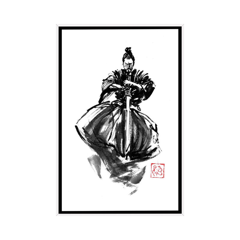 Samurai sautant et Katana - reproduction d'art murale - toile encadrée, 40 po x 26 po, Framed Canvas, White