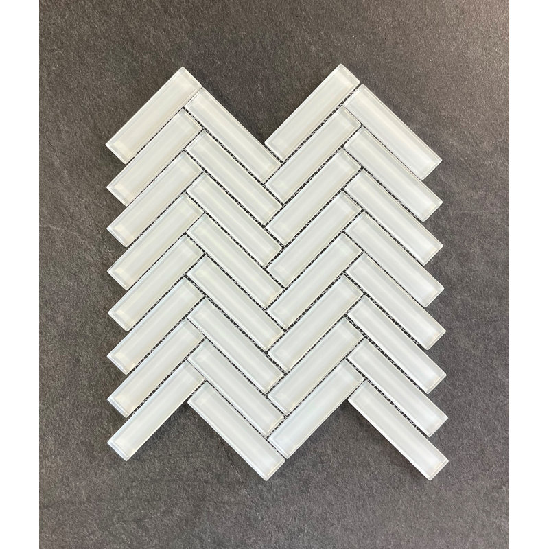 1" x 4" Glass Herringbone / Chevron Mosaic Tile, Shell White