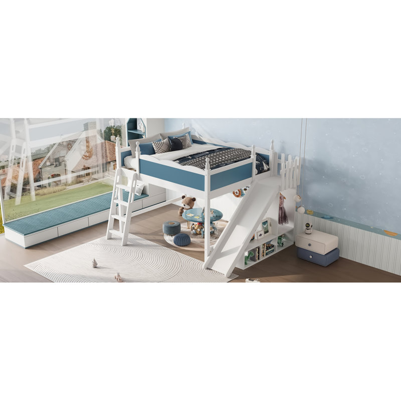 Grand lit mezzanine avec tablettes de rangement et garde-robe, lits mezzanine en bois massif avec glissières et échelles amovibles, aucune boîte à ressorts nécessaire, bleu et blanc (protection par brevet)