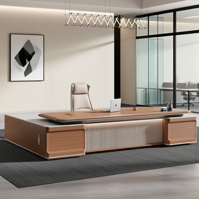 Bureau de direction haut de gamme moderne 78,74 "de luxe avec lumière - bureau PDG en MDF avec chargement sans fil, armoires de rangement doubles et serrure à combinaison, coins arrondis pleine courbe, bureau Grand Boss