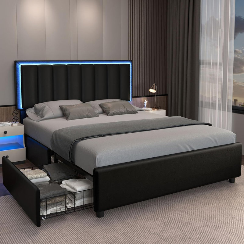 Upholstered Bed Frame with 4 Storage Drawers,LED Headboard,Heavy Duty Wood Slat Support, Black, Queen