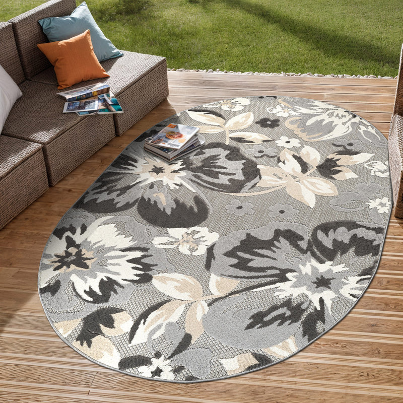 Tapis floral intérieur / extérieur gris, Ovale 5 pi x7 pi