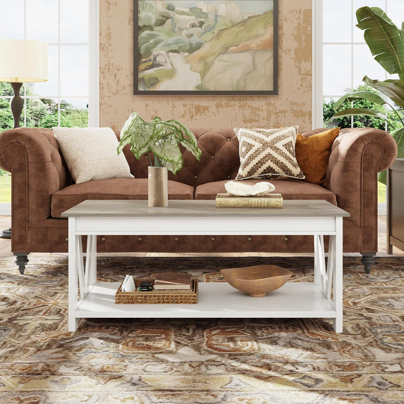 Eoghan Farmhouse Coffee Table with Storage Shelf, Rustic Wood Square Coffee Table with X-Frame Base for Living Room
