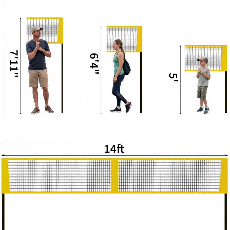 Ensemble de 4 filets de volleyball carrés 14 pi, 3 hauteurs réglables, filet de polyéthylène portatif avec sac de pompe à balle pour les jeux de plage