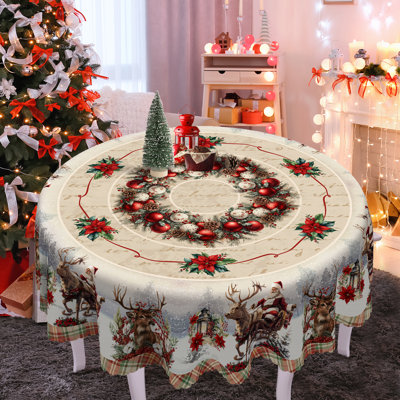 1 pièce ronde / rectangulaire en polyester Lethea, Lethea de Noël avec pin, bonhomme de neige, camion, bordure encastrée, décorations de Noël pour table à manger, décoration de table de fête de fête, cadeau de fête parfait