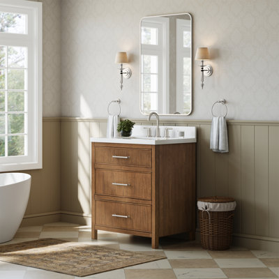 Isola 30 Inch Single Bathroom Vanity in Toasted Walnut, White Quartz Countertop, Undermount Square Sink (3-Hole), Brushed Nickel Trim