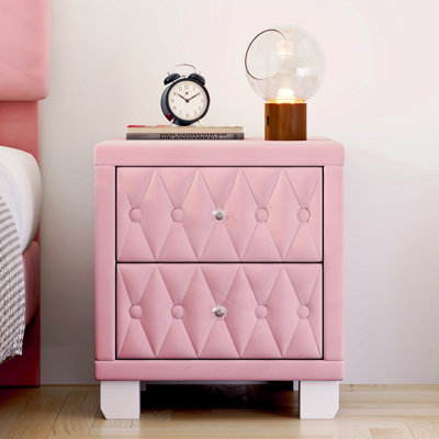 Elegant Velvet Nightstand with 2 Drawers and Crystal Handle, Storage Bedside Table with Button-Tufted, Pink