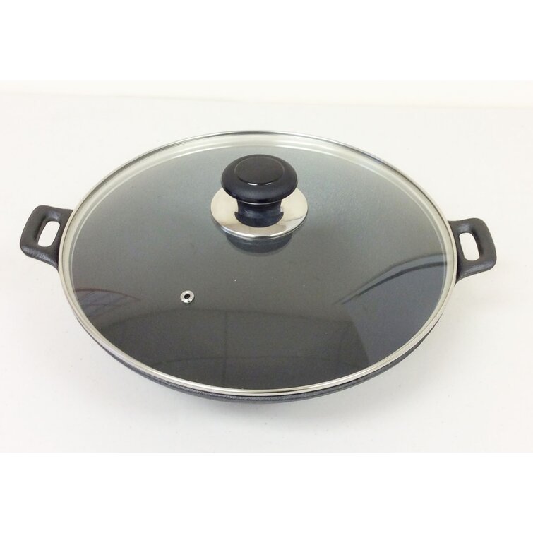 CUISILAND Pre-Seasoned 12 Cast Iron Wok with Glass Lid 