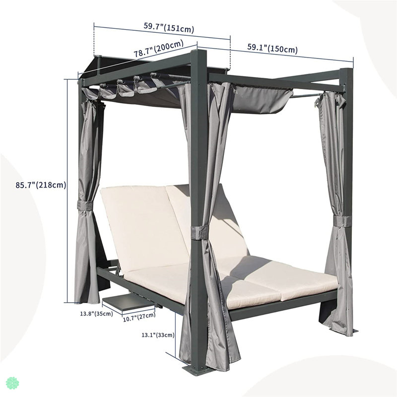 Aluminum Outdoor Patio Daybed With Retractable Canopy Bed, Double Chaise Lounge Outdoor Grey Curtain With Beige Cushion & Cup Holder, For Outside Pool,Garden,Backyard,Lawn