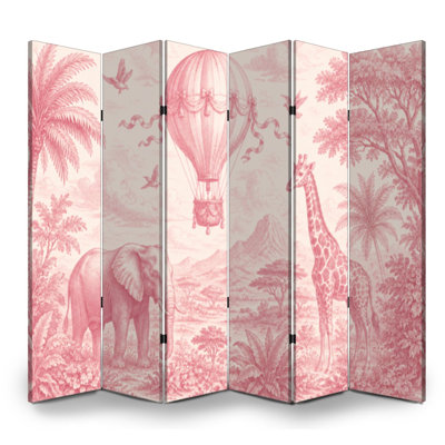 Paravent 6 panneaux à cloisons pliantes Royal Vintage Scène rose montgolfière Éléphant Toile Séparateur de pièce Paravent de protection autoportant Cloison d'intimité