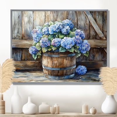 Hortensias dans un tonneau en bois - Art mural hortensias