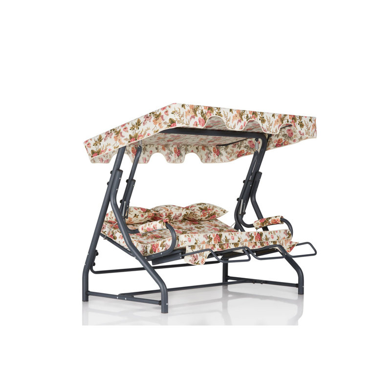 Triple balancelle Traditional Garden, structure 100% métal, 200 x 65,0 x 43,3 pouces | Tissu 100% polyester, facile à nettoyer, 18 coussins en mousse, capacité: 529 lb | Coussins amovibles, conception florale élégante pour la détente en plein air
