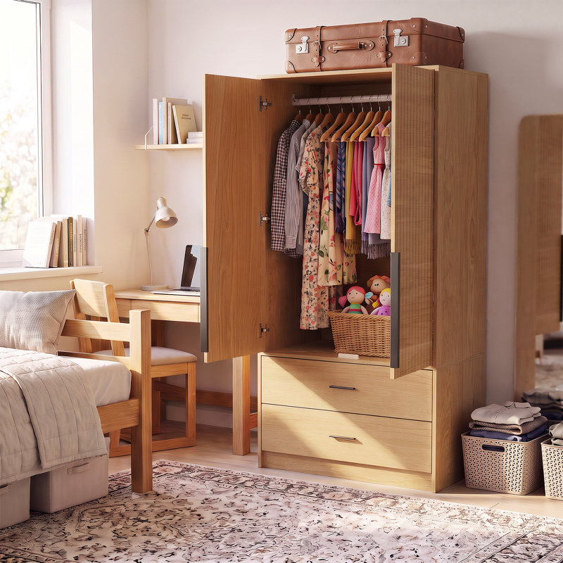 Armoire 2 portes avec tiroirs et tringle - Armoire autoportante à finition naturelle pour petits espaces