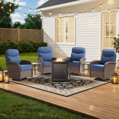 Himonia 4-Person Wicker Patio Square Metal Fire Pit Table Conversation Set With Swivel Gliders And Side Tables