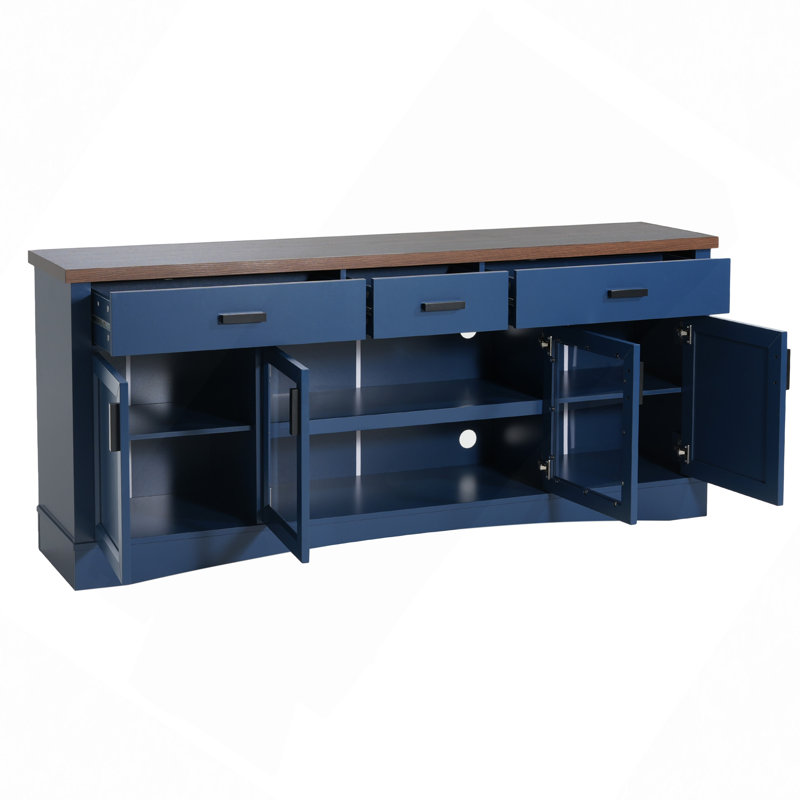 Console télé, meuble télé d'une largeur de 67 po, portes et tiroirs de rangement en verre, tablettes réglables, Bleu
