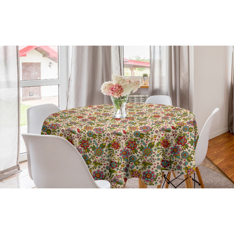 Ambesonne Colorful Round Tablecloth, Vintage Flowers And Birds Spring Season Flora And Fauna Composition Cartoon Style, Circle Table Cloth Cover For Dining Room Kitchen Decoration, 60", Red Green