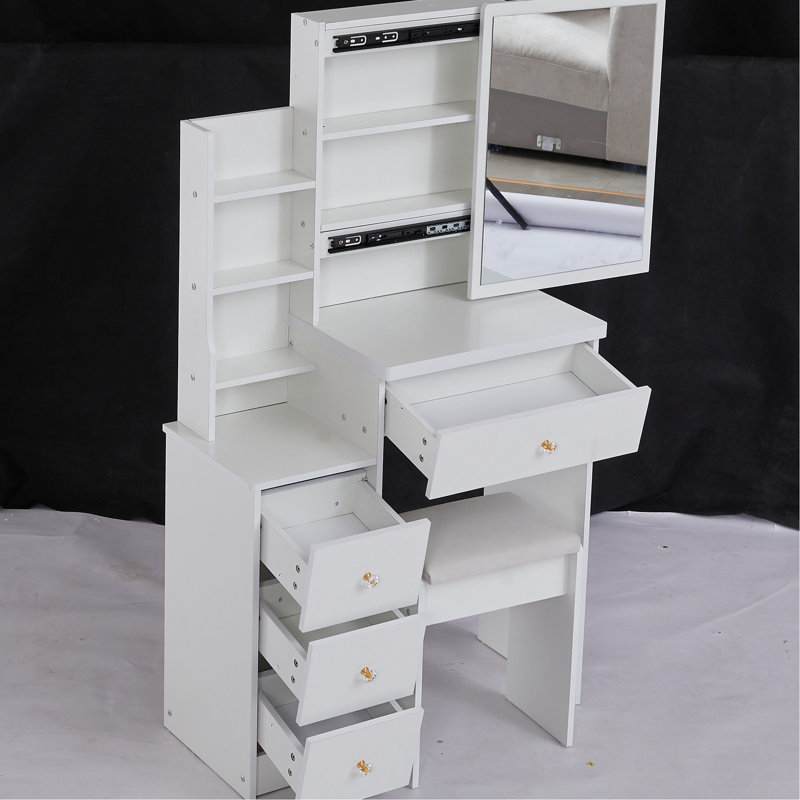 Left Bedside Vanity Table For Tiny Spaces, With Cushioned Seat & Extra Large Sliding Mirror, Multi-Layered Storage, Stylish White Dresser Compact Areas Vanity, Comes Stool Multi-Layer Chic Small