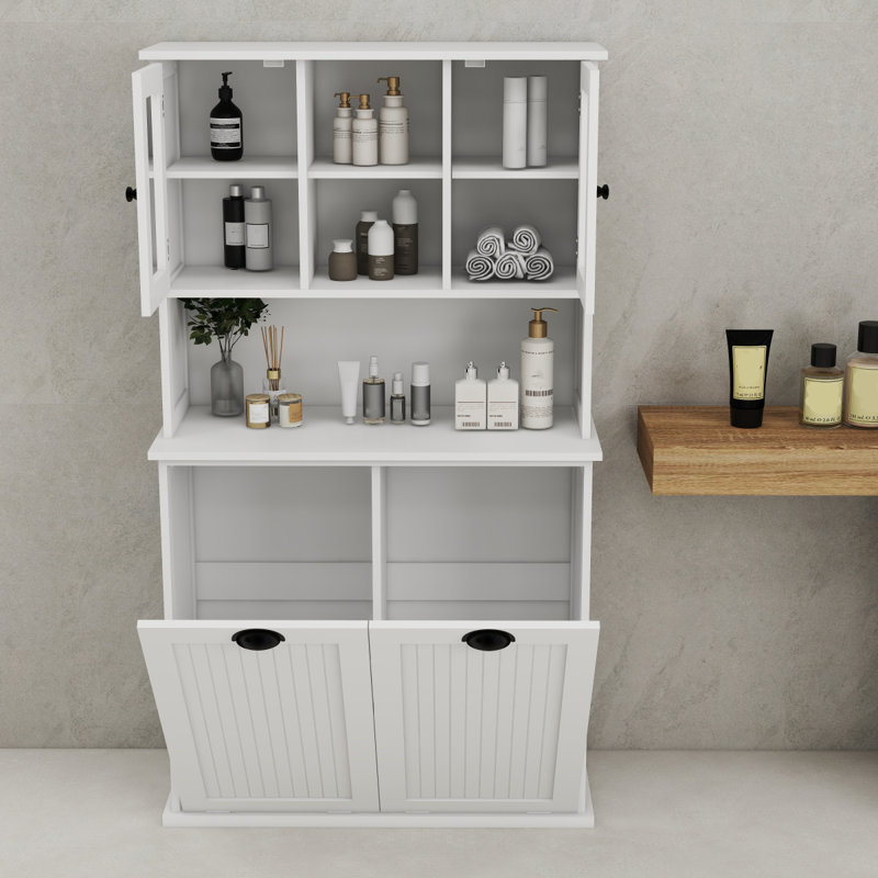 Grande armoire de salle de bain à deux compartiments avec panier à linge inclinable et 2 tablettes réglables - blanc, Blanc