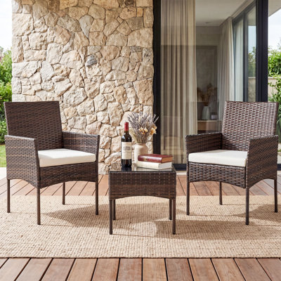 3 Piece Outdoor Wicker Conversation Set, 3 Piece Rattan Patio Bistro Set with Cushions & Glass Table
