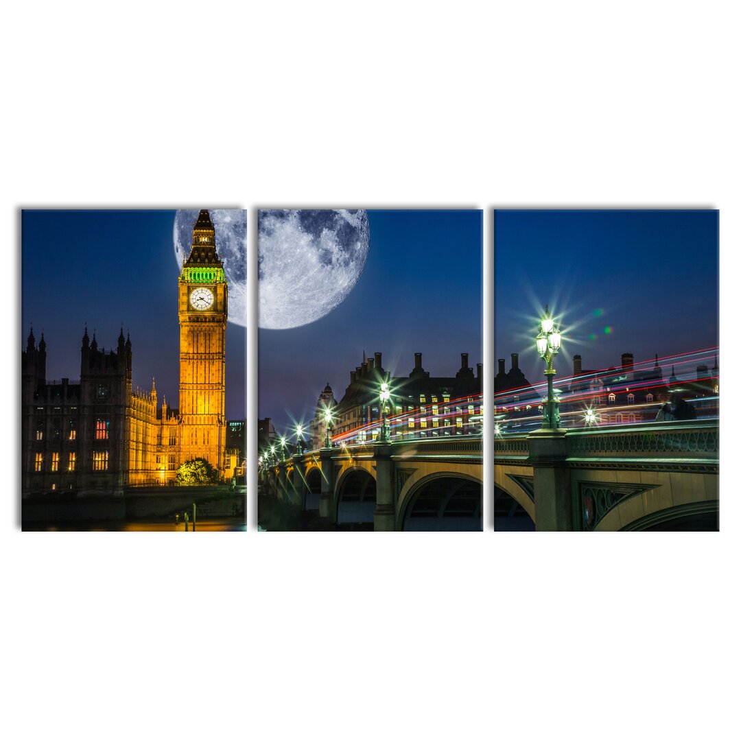 3-tlg. Leinwandbilder-Set Big Ben vor Mond in London