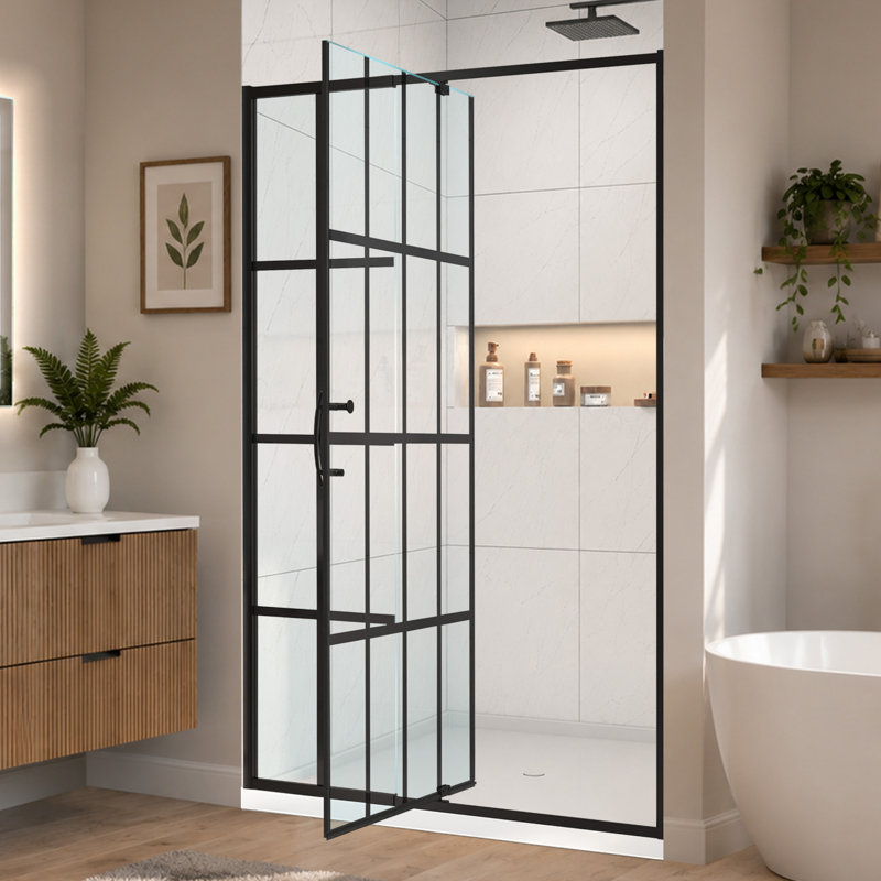 38-42 in. W x 71 in. H Pivot Semi-Frameless  Shower Door in Matte Black with SGCC Tempered Clear Grid Glass, Matte Black