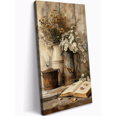 Art mural rétro sur toile, impressions sur toile de nature morte florale verticale rustique, œuvre de pichet campagne sauvage, art mural nature pour salon, cuisine, couloir, prêt à accrocher 12 po x 24 po