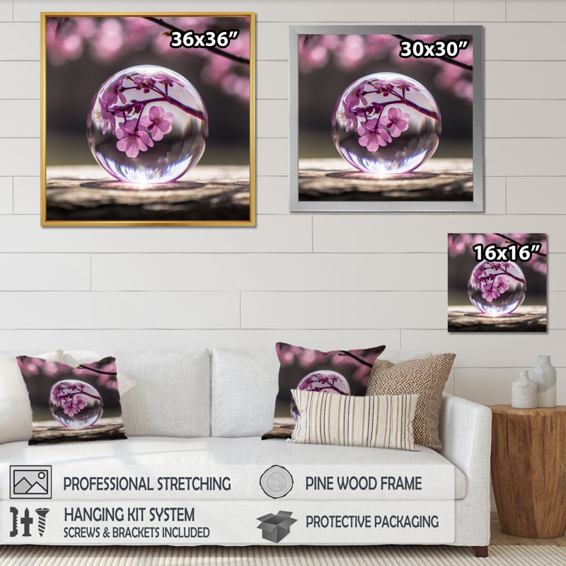 Boule de cristal avec fleur de cerisier rose - reproduction sur toile, Cadre simple blanc, H 36 po x l 36 po x P 1,5 po