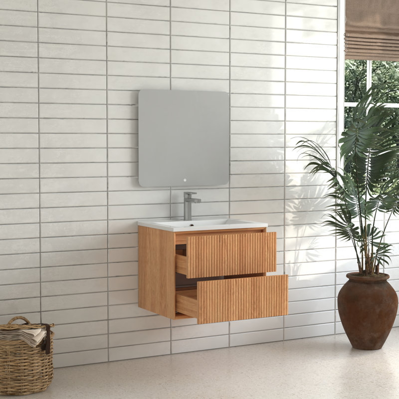 Armoire de salle de bain murale en bois massif 24 po, tiroirs rainurés à ouverture par pression, lavabo en résine, style européen, meuble-lavabo profond, vasque intégrée avec rangement, design,