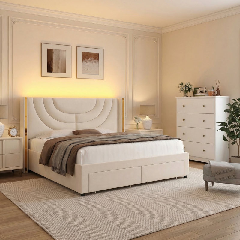 2-Piece Bedroom Sets, LED Light Upholstered Bed with 2 Drawers, 37" 4-Drawer Chest, Wall Wash Lighting Velvet Platform Bed with Storage