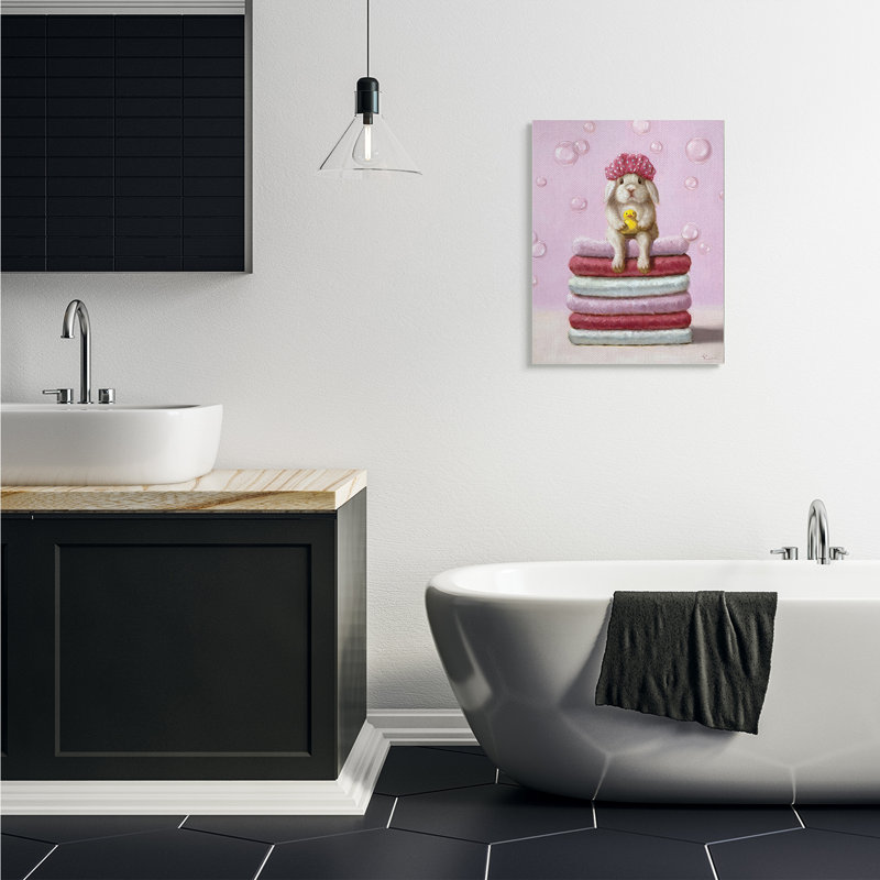 Joli bébé lapin sur les serviettes de bain, bulles de savon par Lucia Heffernan - impression, Toile tendue, H 30 po x l 24 po