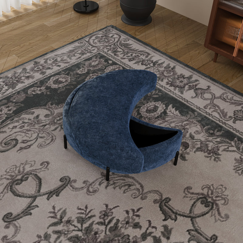 Repose-pieds rembourré demi-lune avec rangement, Chenille bleue marine