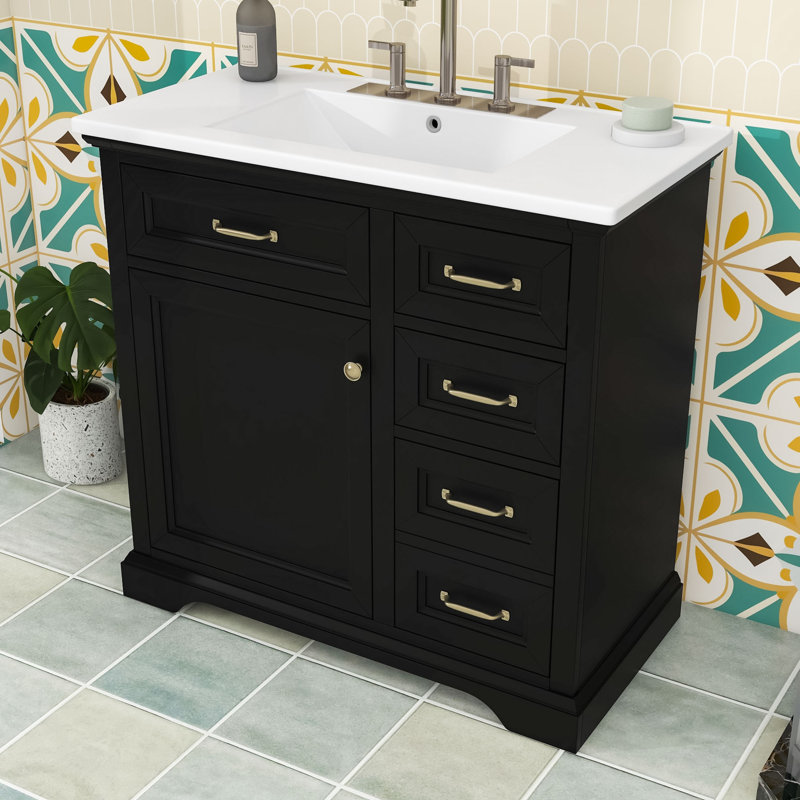 Meuble-lavabo simple contemporain en bois avec lavabo en céramique, tablette réglable et charnières à fermeture en douceur Contemporary