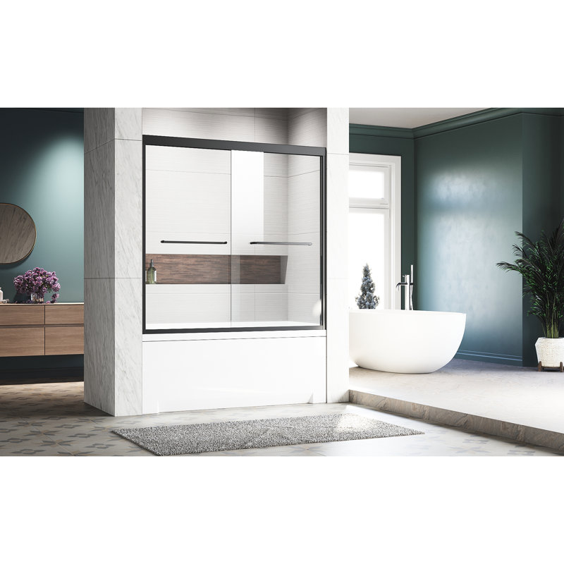 56-60 In. W X 62 H Sliding Door For Tub, Matte Black Semi , Tempered Glass, Stainless Steel Robust And Dependable Handles Bathtub Door, Thick Long-Lasting