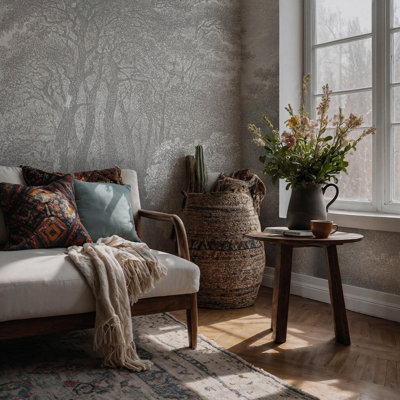 Papier peint mural Forêt gravée gris pâle | Papier peint monochrome Arbres des bois | Intissé ou adhésif