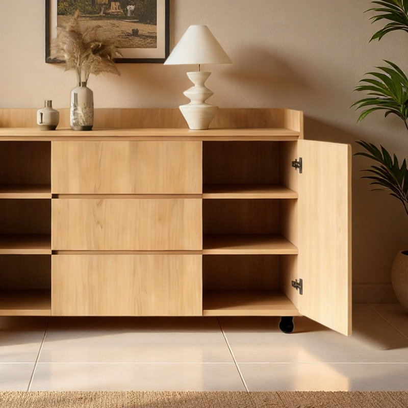 Buffet en bois de frêne, H 35,43 po x l 63 po x P 14,96 po
