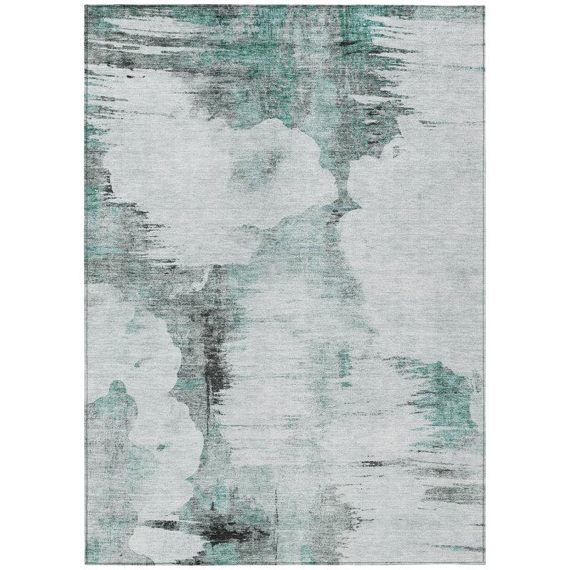 Tapis extérieur lavable abstrait bleu sarcelle argenté et gris 10 pi x 14 pi