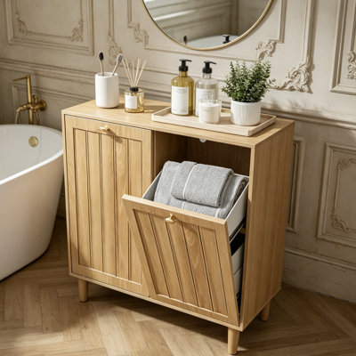 Armoire de panier à linge inclinée à double porte en chêne avec doublure amovible, rangement pour salle de bain de style campagne moderne, support autoportant