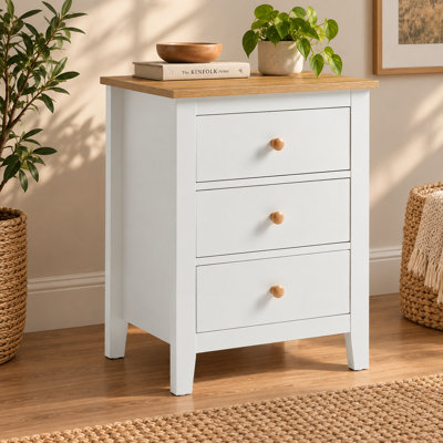 Farmhouse Nightstand with 3 Drawers, White Finish