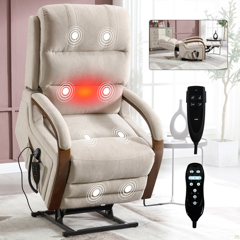 Fauteuil releveur électrique beige chenille à double moteur et positions infinies, supportant jusqu'à 159 kg, avec accoudoirs en bois massif, fonction massage chauffant et mécanisme de mouvement robuste.