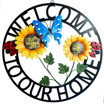 Metal Hanging Sunflower And Butterfly Welcome Wreath, Outdoor Garden Ladybug Decor For Front Door, Porch Or Backyard