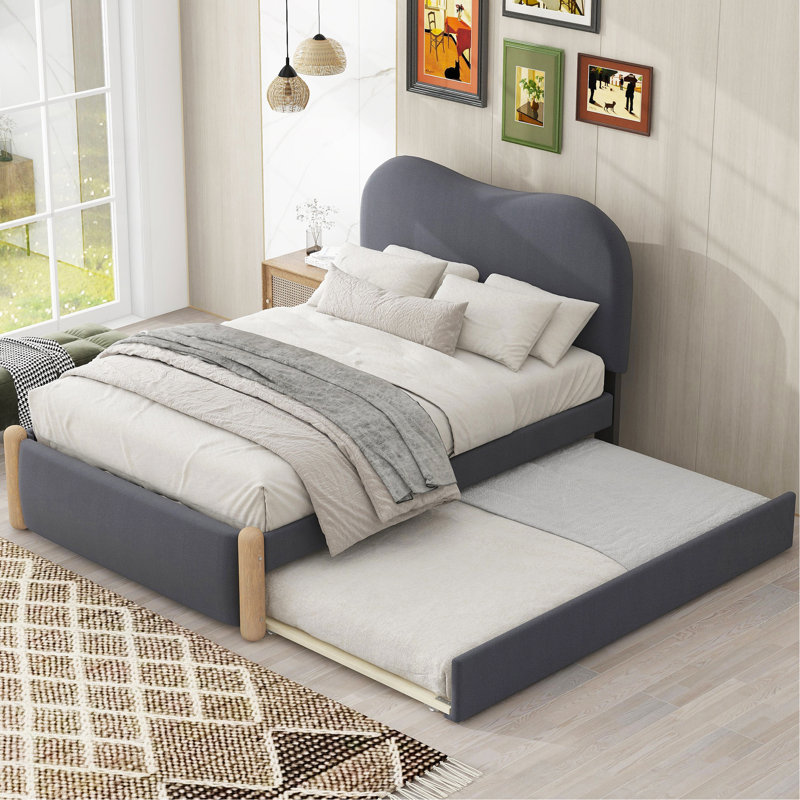 Lit plateforme simple tapissier avec pieds de support en bois et lit gigogne simple, Gris, Lit simple