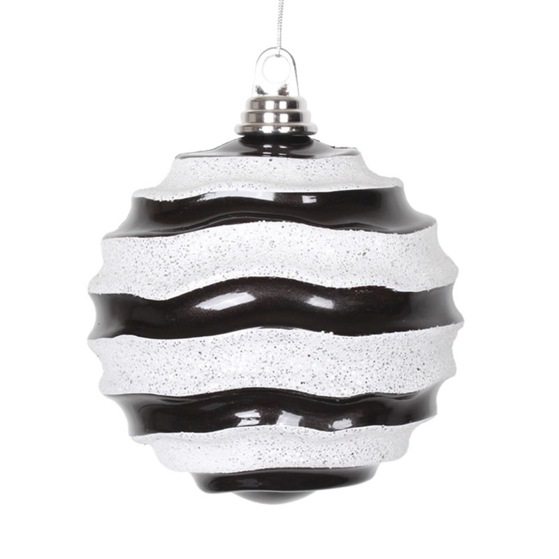 Ornement de Noël boule rayée et scintillante, H 6 po x l 6 po x P 6 po, Noir / blanc