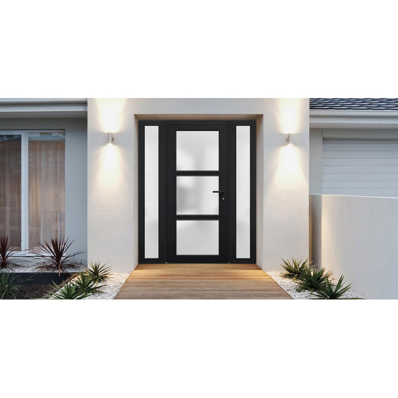 Front Exterior Prehung FiberGlass Door Frosted Glass / Manux 8552 Matte Black / 2 Side Exterior Windows / Office Commercial and Residential Doors Entrance Patio Garage-W12+36+12" x H80"-Left-hand Inswing