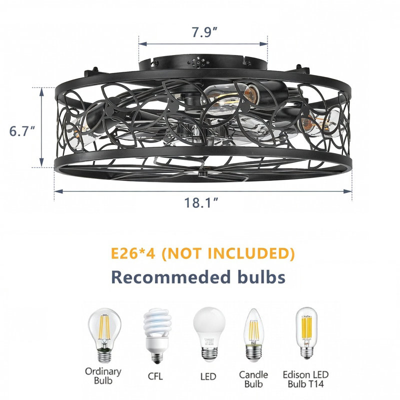 Ventilateur de plafond noir 18 po avec télécommande - Ventilateur silencieux réversible à 6 vitesses