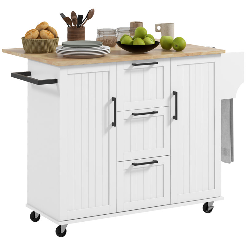 Îlot de cuisine avec abattant, chariot de cuisine sur roulettes avec 3 tiroirs, 2 armoires, plateau en bois naturel, support à épices et porte-serviettes, blanc