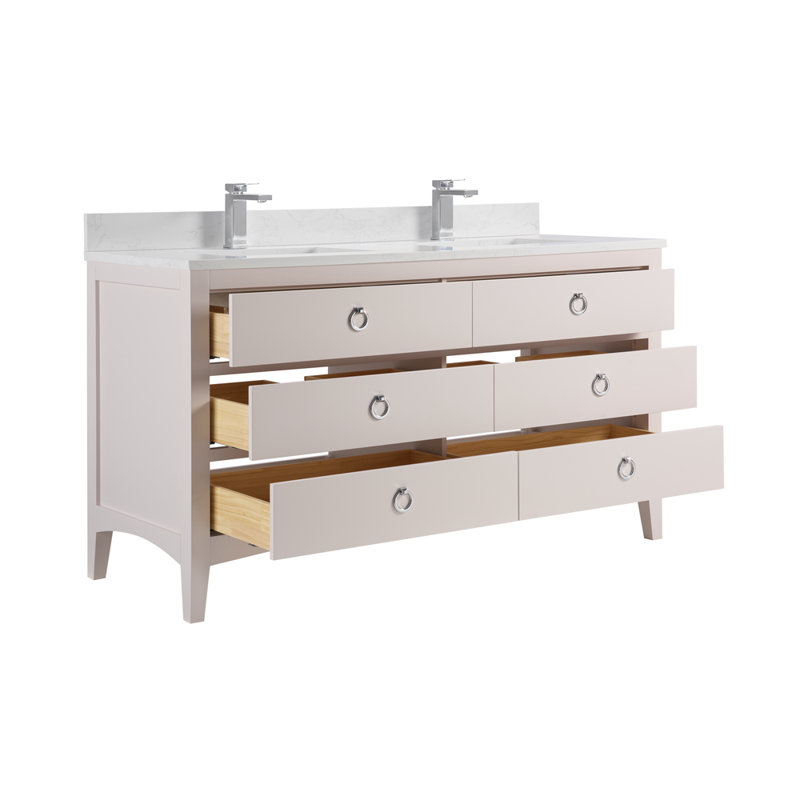 60" Solid Wood Sink Vanity With 1" Artificial Stone Top, Polished Chrome, Dreamy White