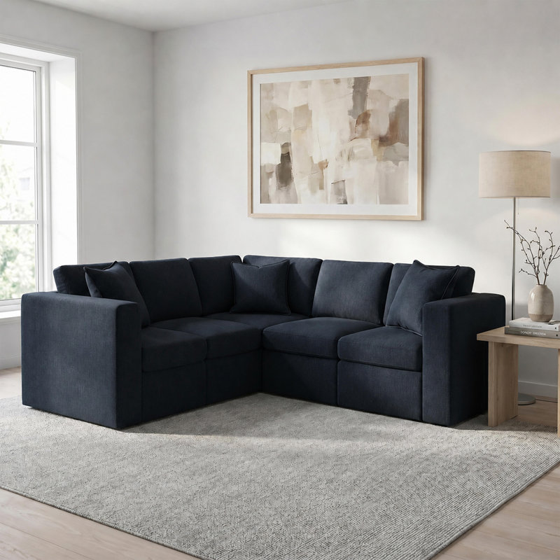 Lockheart 5 Piece L Shaped Square Arm Modular Upholstered Corner Sectional  Blue, Blue Polyester
