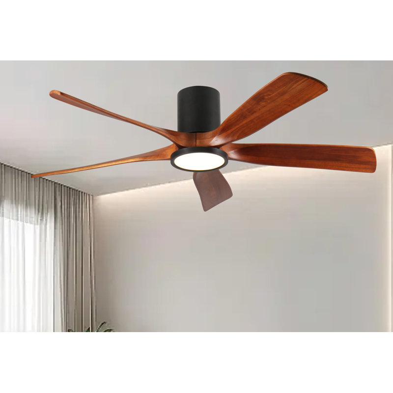 Ventilateur de plafond de 60 po avec éclairage, plafonnier encastré, 5 pales en bois massif, moteur CC réversible silencieux, application et télécommande, DEL à spectre complet à intensité variable, pour salon ou chambre à coucher de 20 pi x 20 pi, conception de plafond sans pente